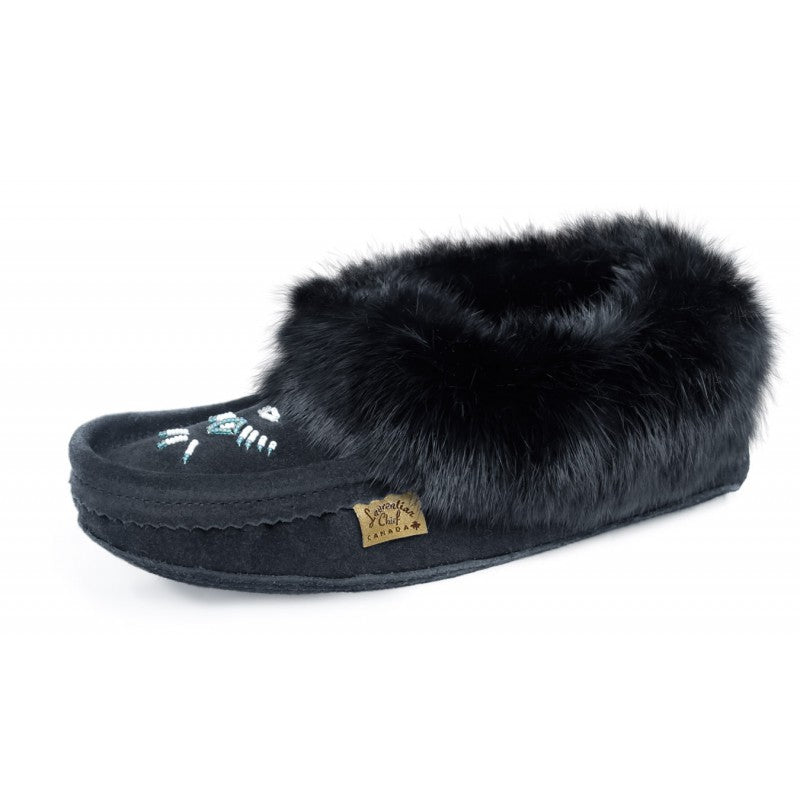 Ladies Rabbit Trimmed Leather Beaded Moccasins – Caribou Clothes