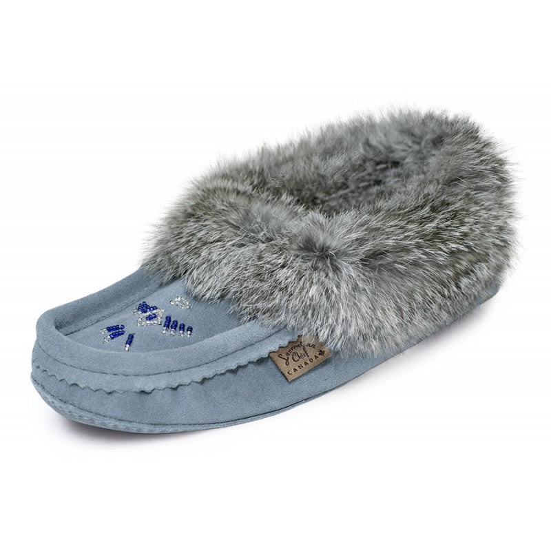 Ladies Rabbit Trimmed Leather Beaded Moccasins – Caribou Clothes
